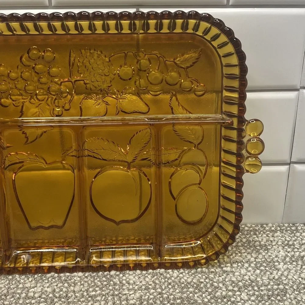 Vintage Glass Amber Fruit Platter Charcuterie Tray‎ Handles